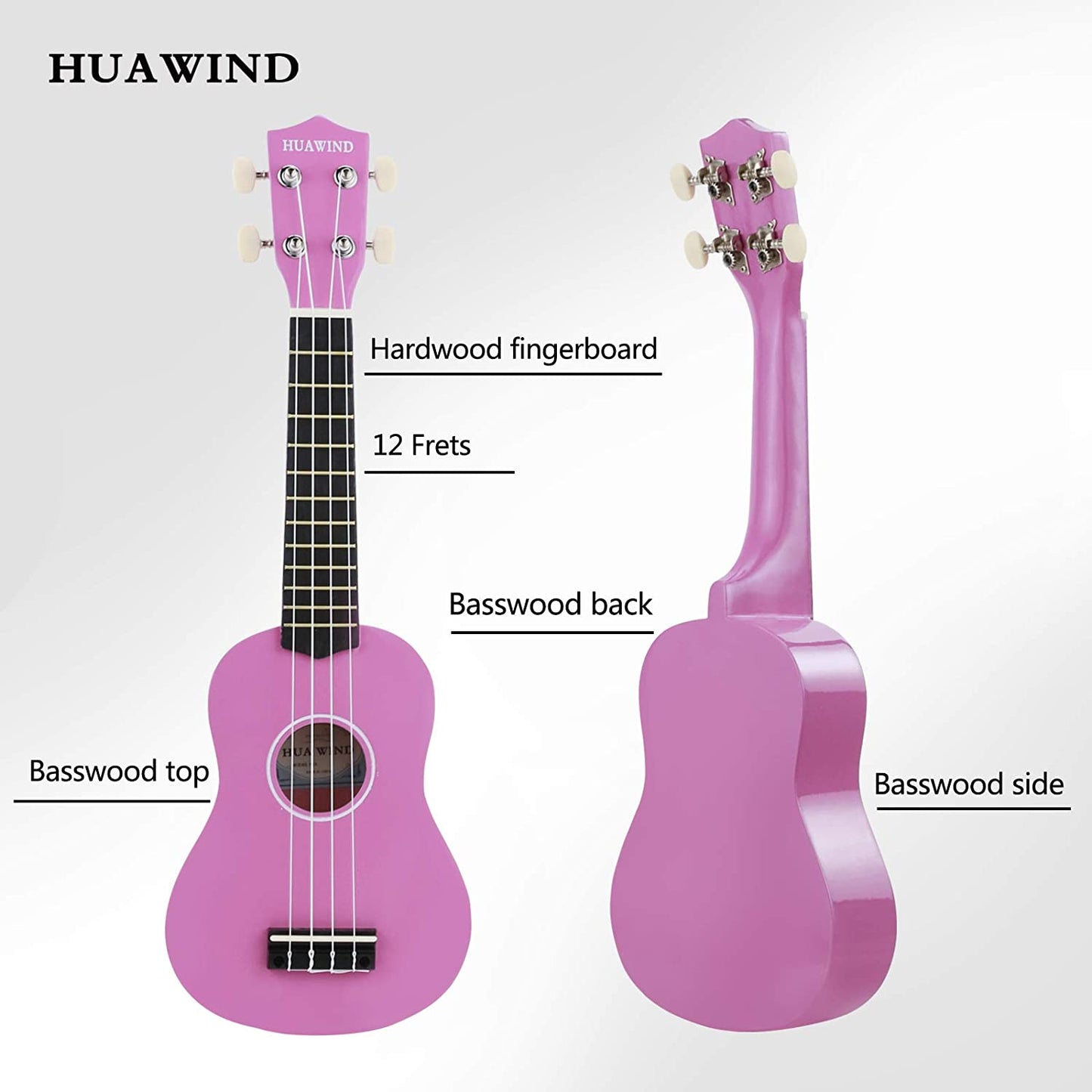 Wood Ukulele with Gig Bag, Violet, 21 inches.