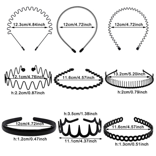 Set of 15 multi-style metal and plastic elastic headbands (black)