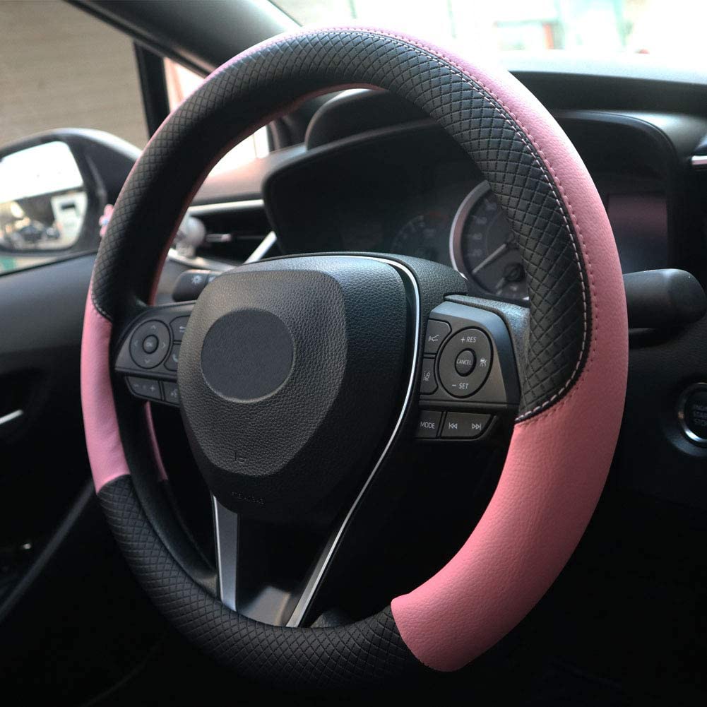 Leather Car Steering Wheel Cover, Universal Fit (Black and Pink)