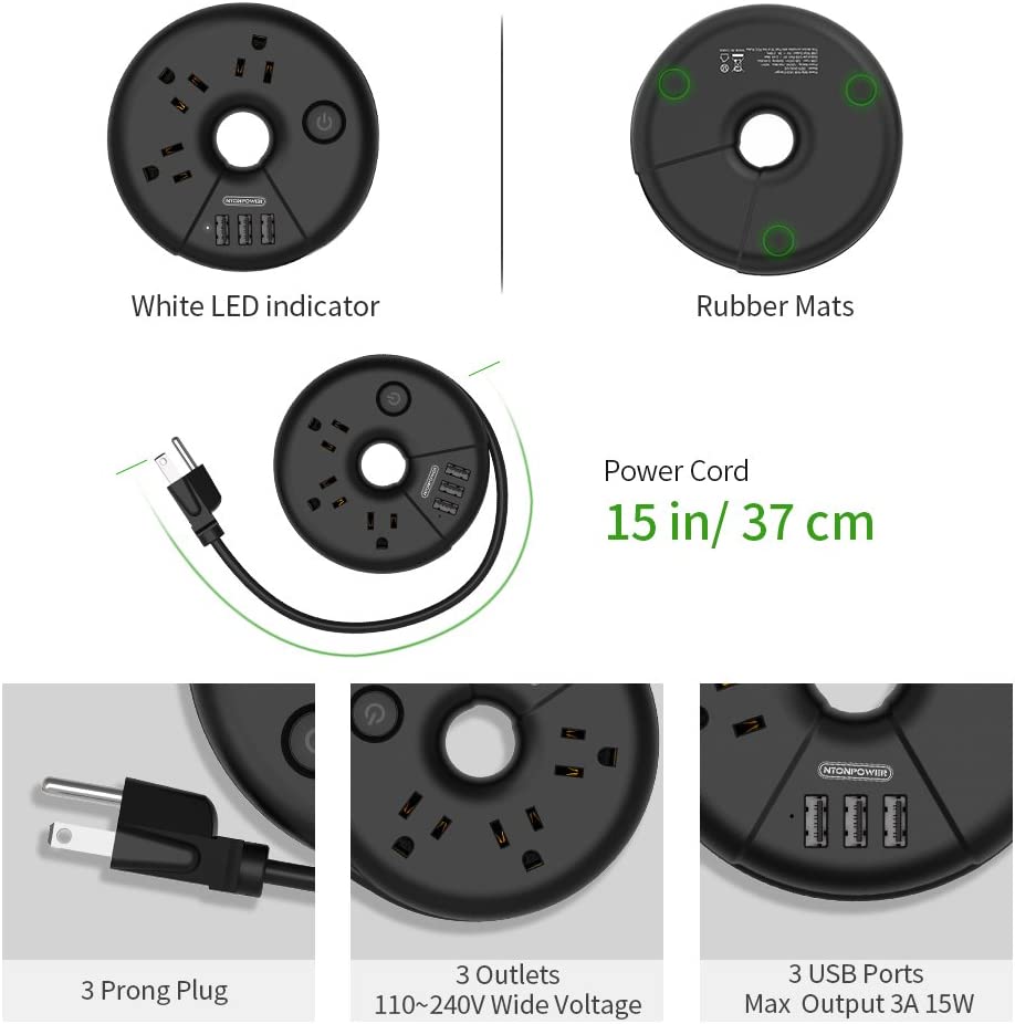 Power strip, 3 outlets 3 USB, black