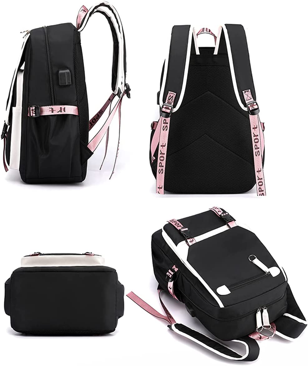 outdoor backpack with 21 liter charger port, black and pink