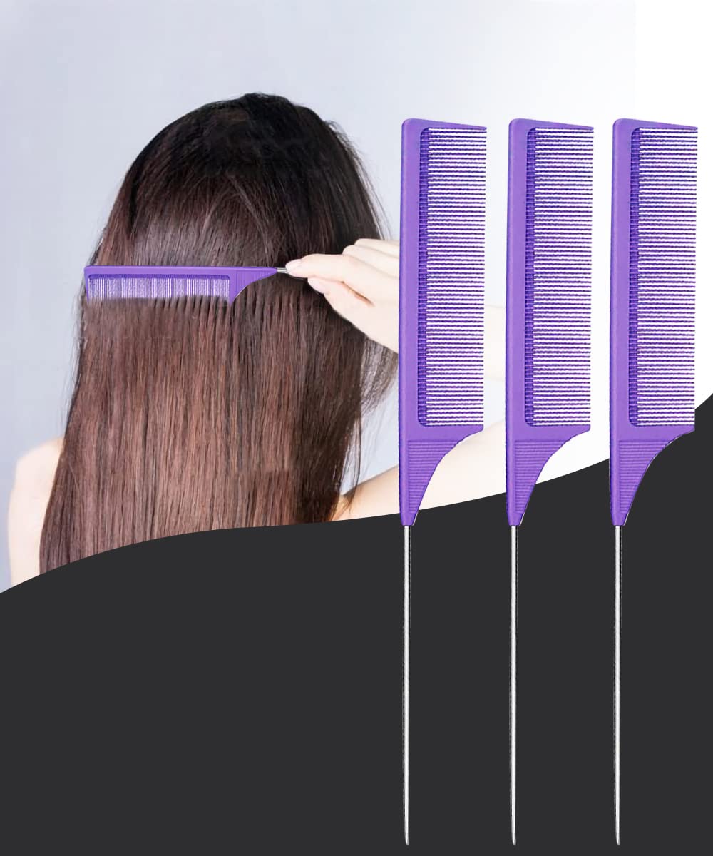 3 pack thin tooth combs for hair detangling - (purple 3)