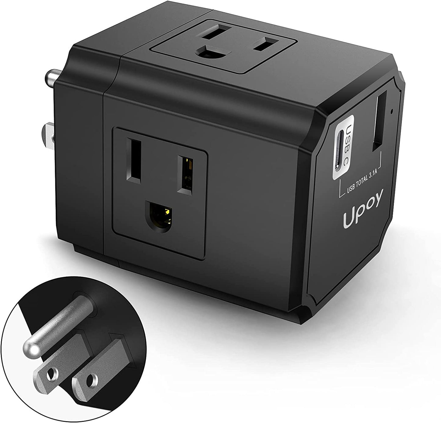 USB wall charger, 1875W outlet extender, 3 outlets, black