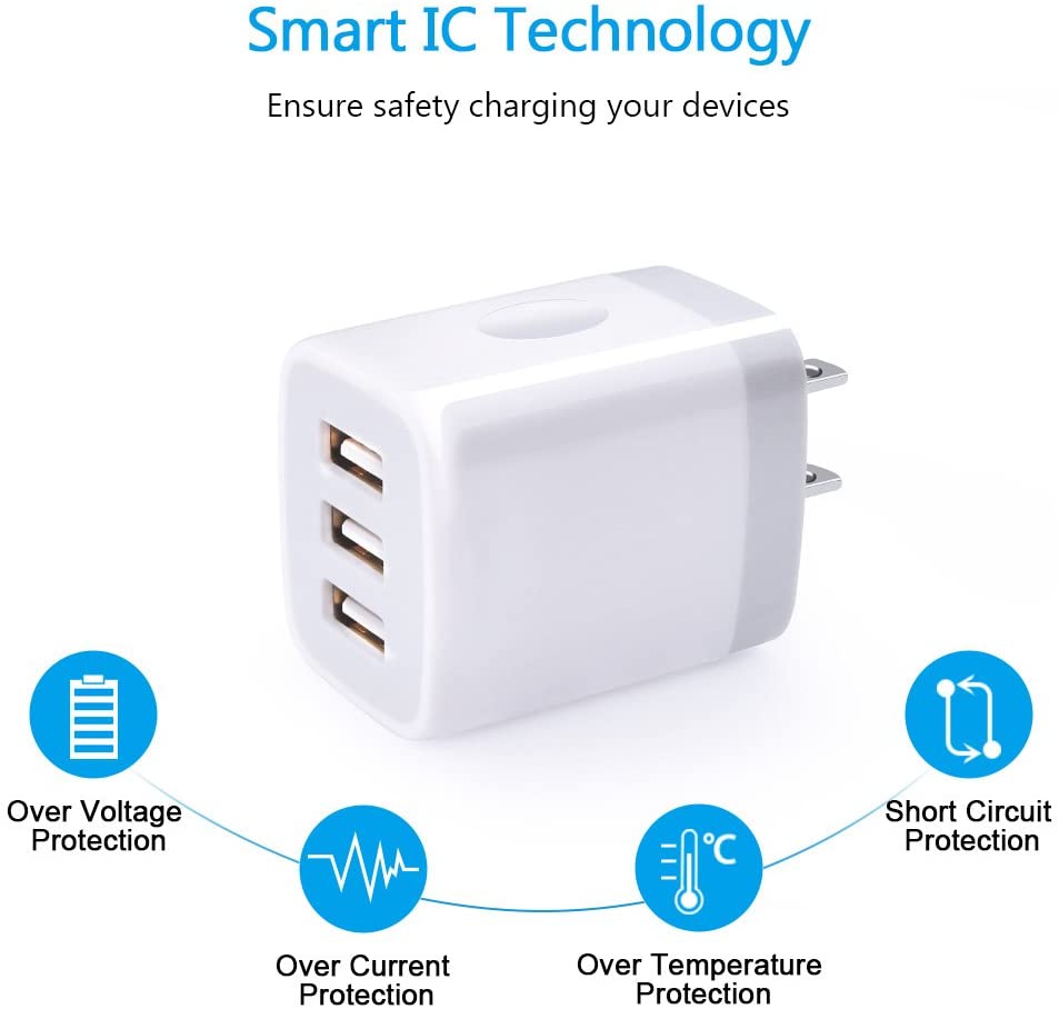 Universal Charger with 3 USB Ports (2-Pack, White)