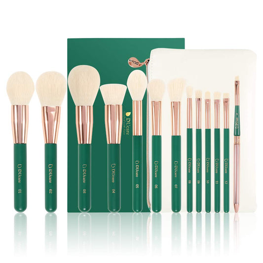 13 makeup brushes with case, with bag, green