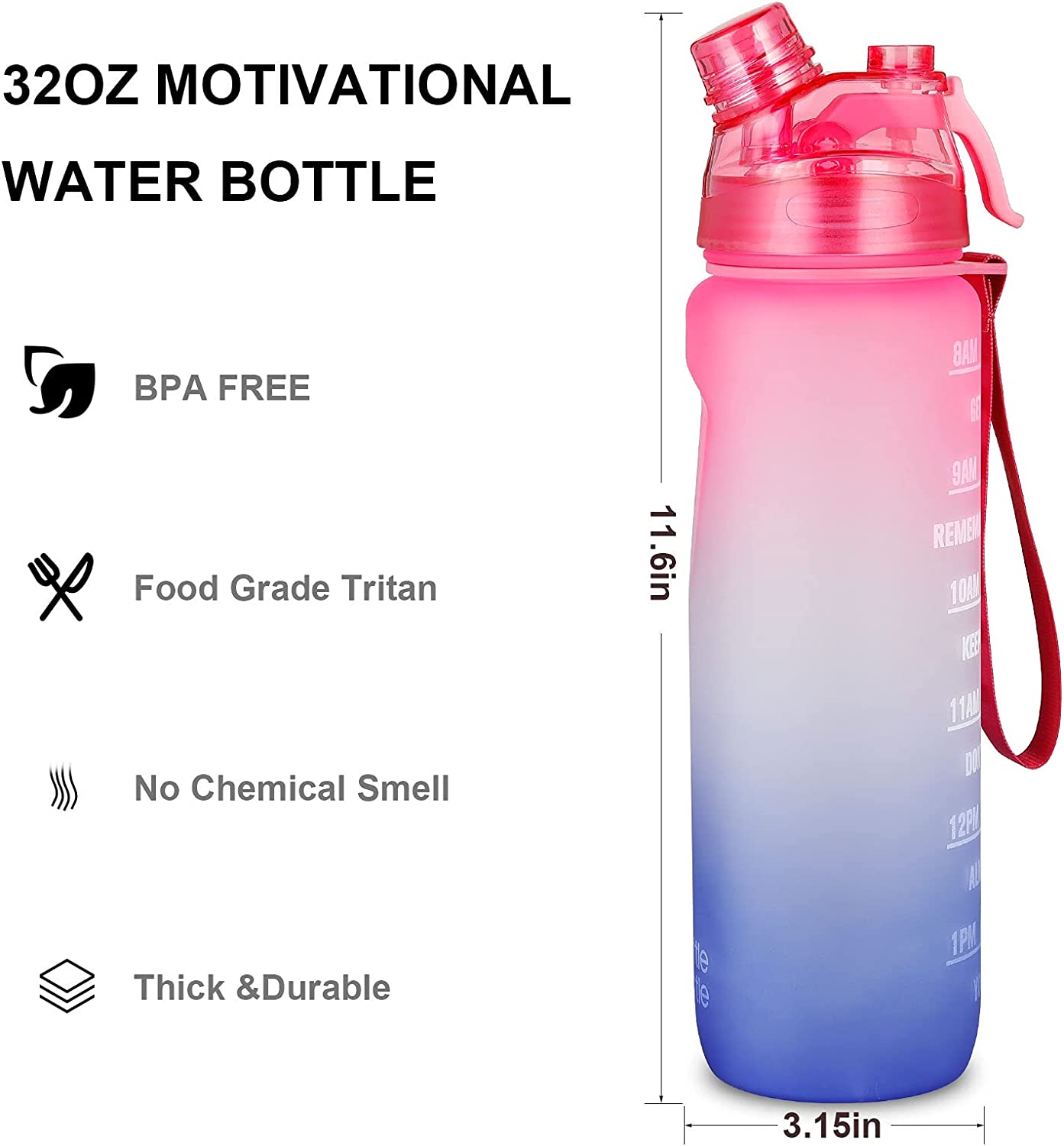 32oz Motivational Water Bottles with Time Marker (Red Blue)