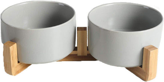 Round Ceramic Pet Bowl with Wood Stand, 28 oz, Grey x 2