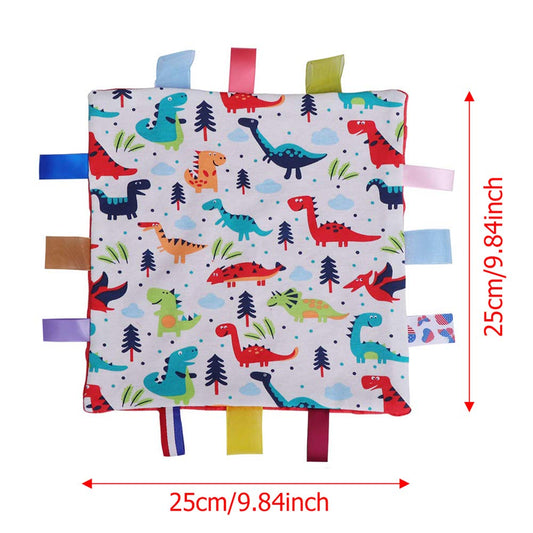 Baby blanket with multicolored dinosaur tag, Red