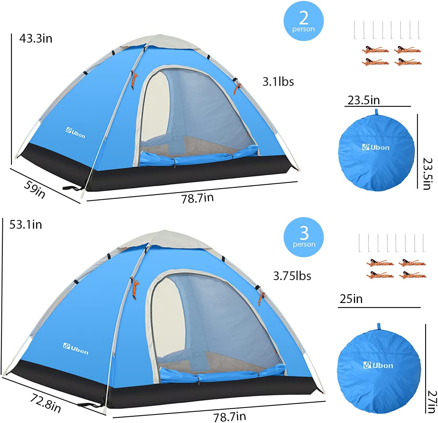 2/3 Person Lightweight Instant Tent, Sky Blue