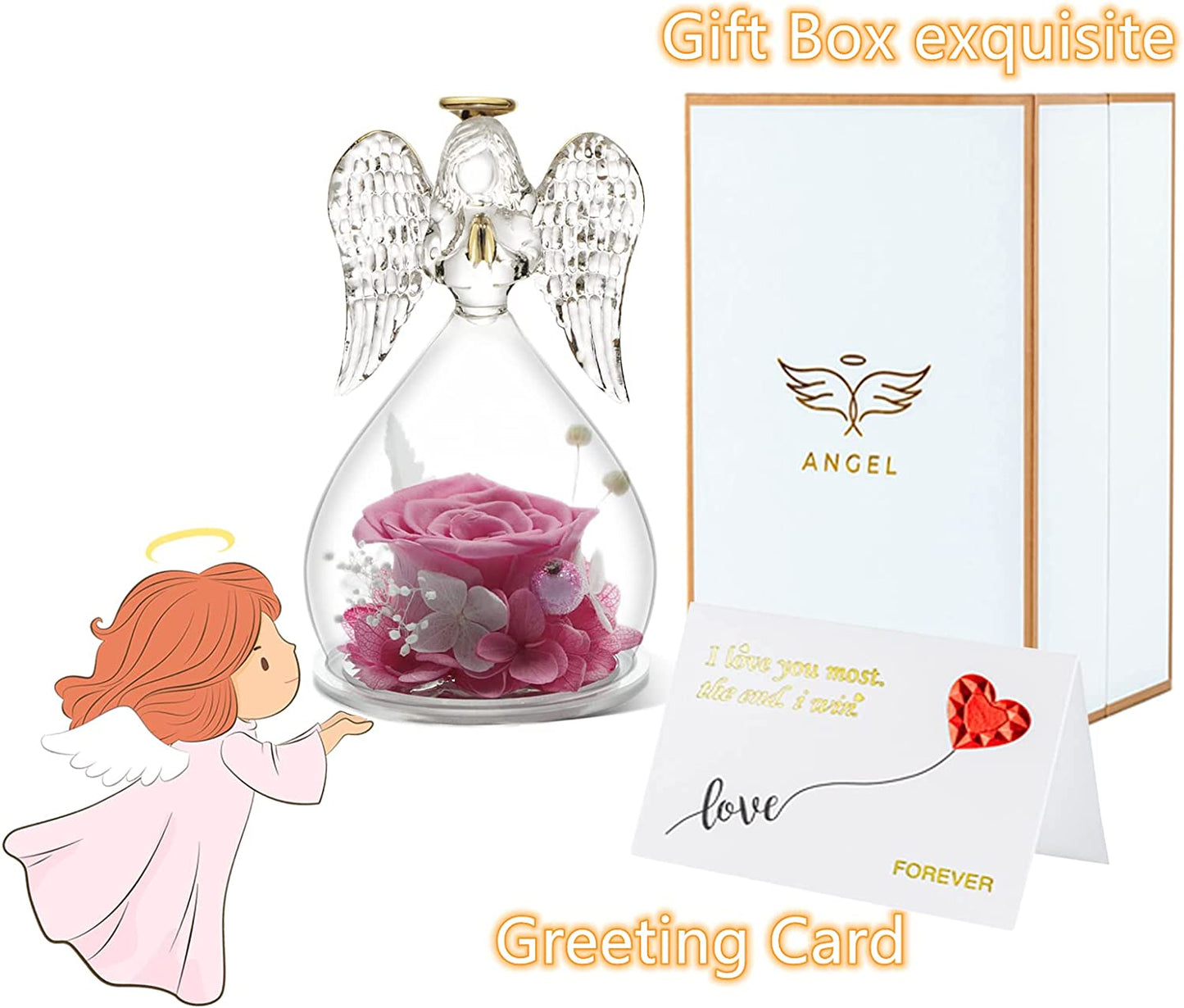 Angel Figurines with Real Rose for Valentine's Day (Pink)