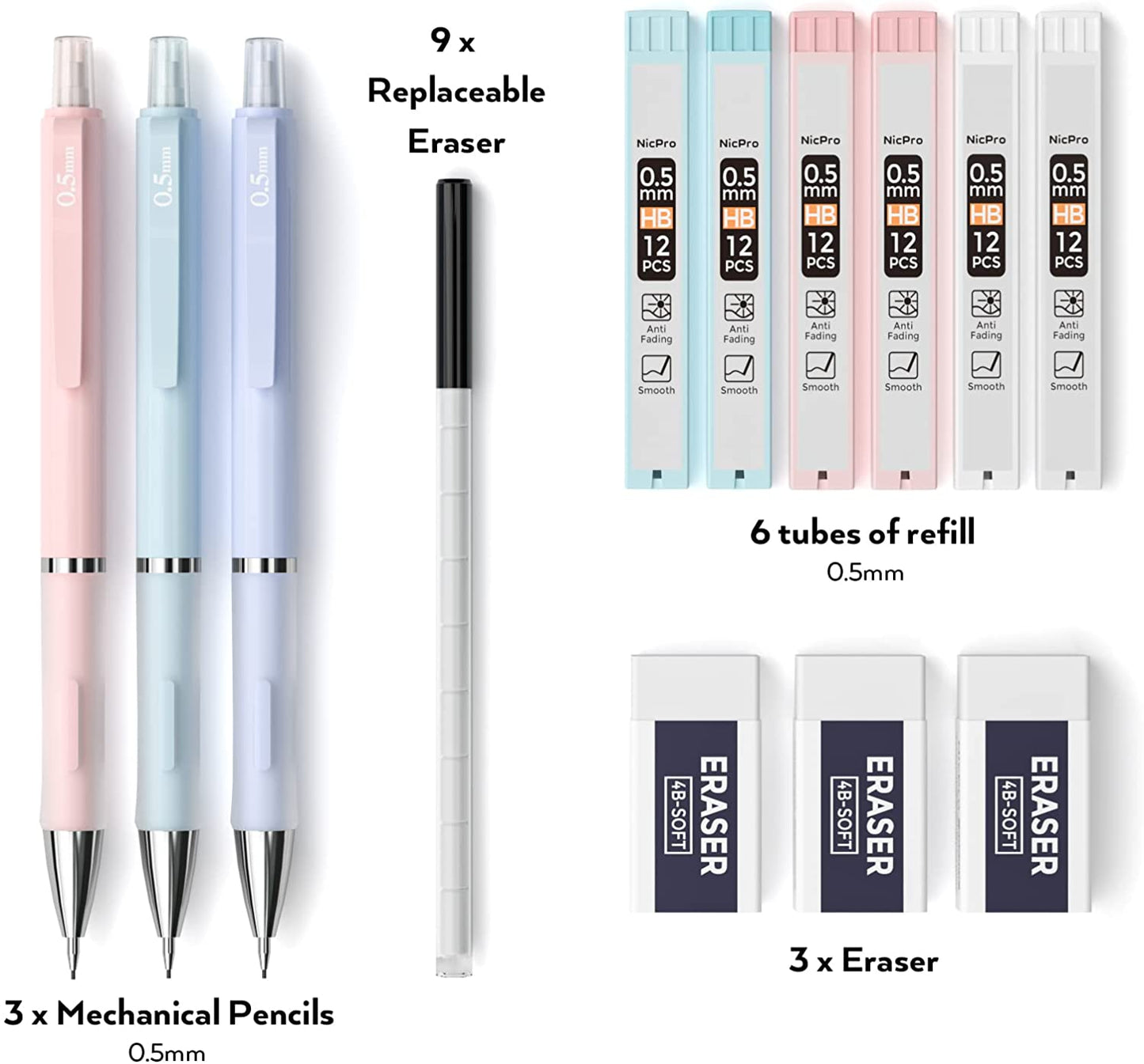 3 pastel mechanical pencils, 0.5 mm