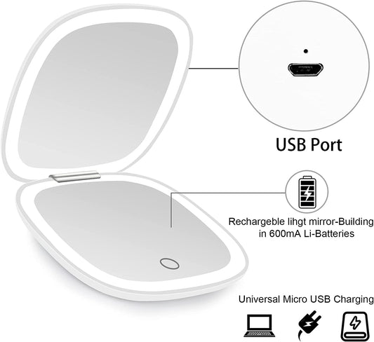 1X/10X Magnification Lighted Travel Makeup Mirror (White)