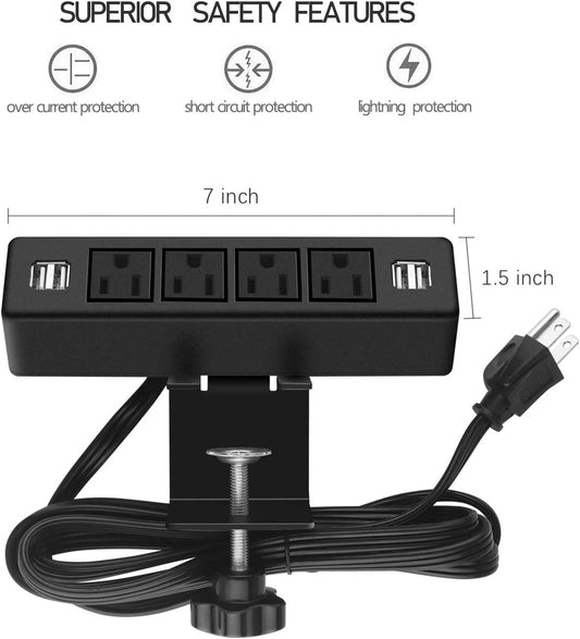 Desk Clamp Power Strip with 4 USB Ports