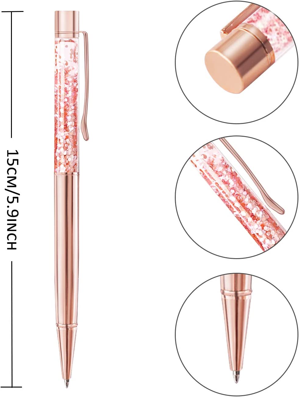 6 rose gold metal ballpoint pens with refills, black ink