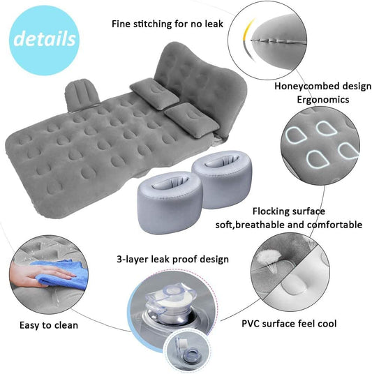 Inflatable car air mattress, electric air pump, 2 pillows, Grey