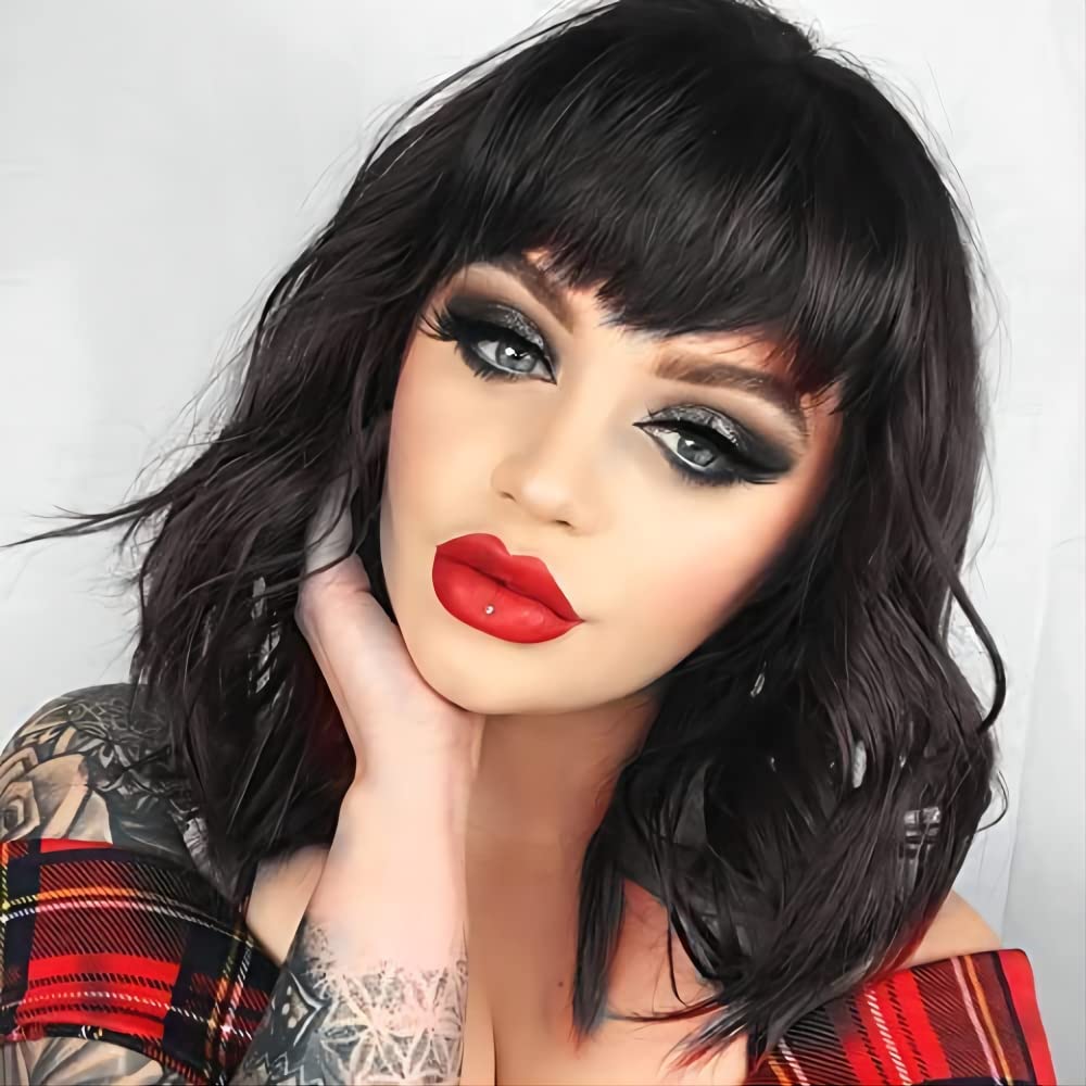 Curly color Black wig with bangs