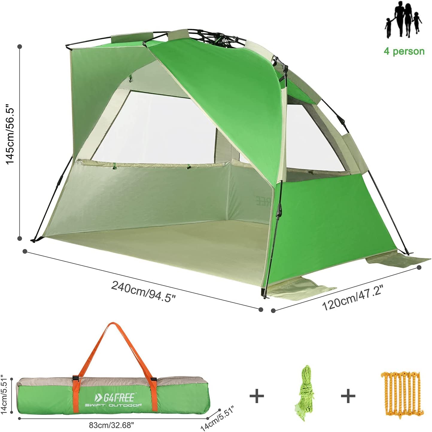 Easy set up beach tent for 3-4 people, Green