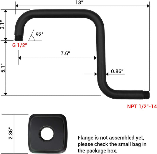 13-Inch S-Shape Stainless Steel Flanged Shower Arm, Matte Black