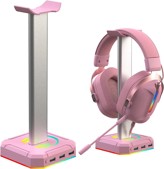 Headphone Stand with Three Ports and 9 Types of Lighting (Pink)