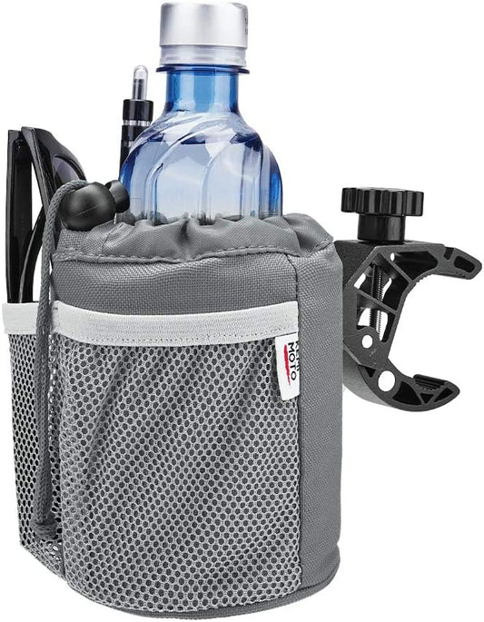 Motorcycle cup holder with drain and crocodile clamp, gray