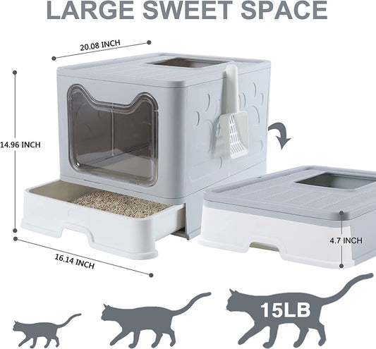 Collapsible Litter Box with Top Entry and Lid (Grey)