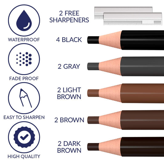 12 Piece Eyebrow Pencil for Marking, Filling and Lining, 5 Colors