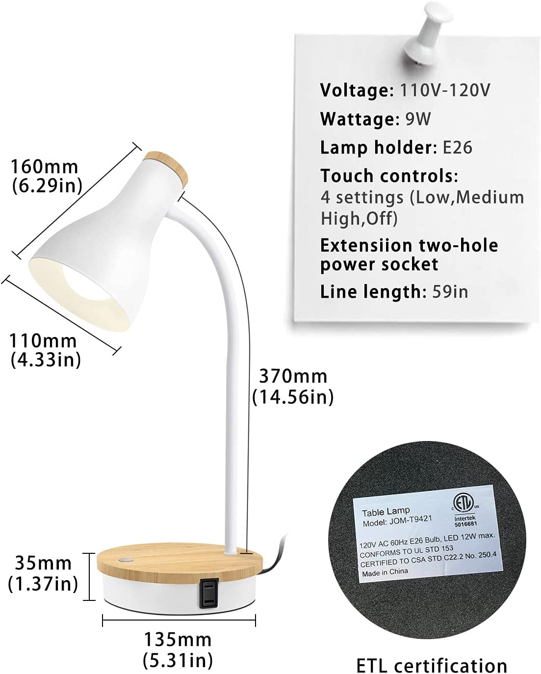 3-Way Touch Control Metal Desk Lamp (Color: White)