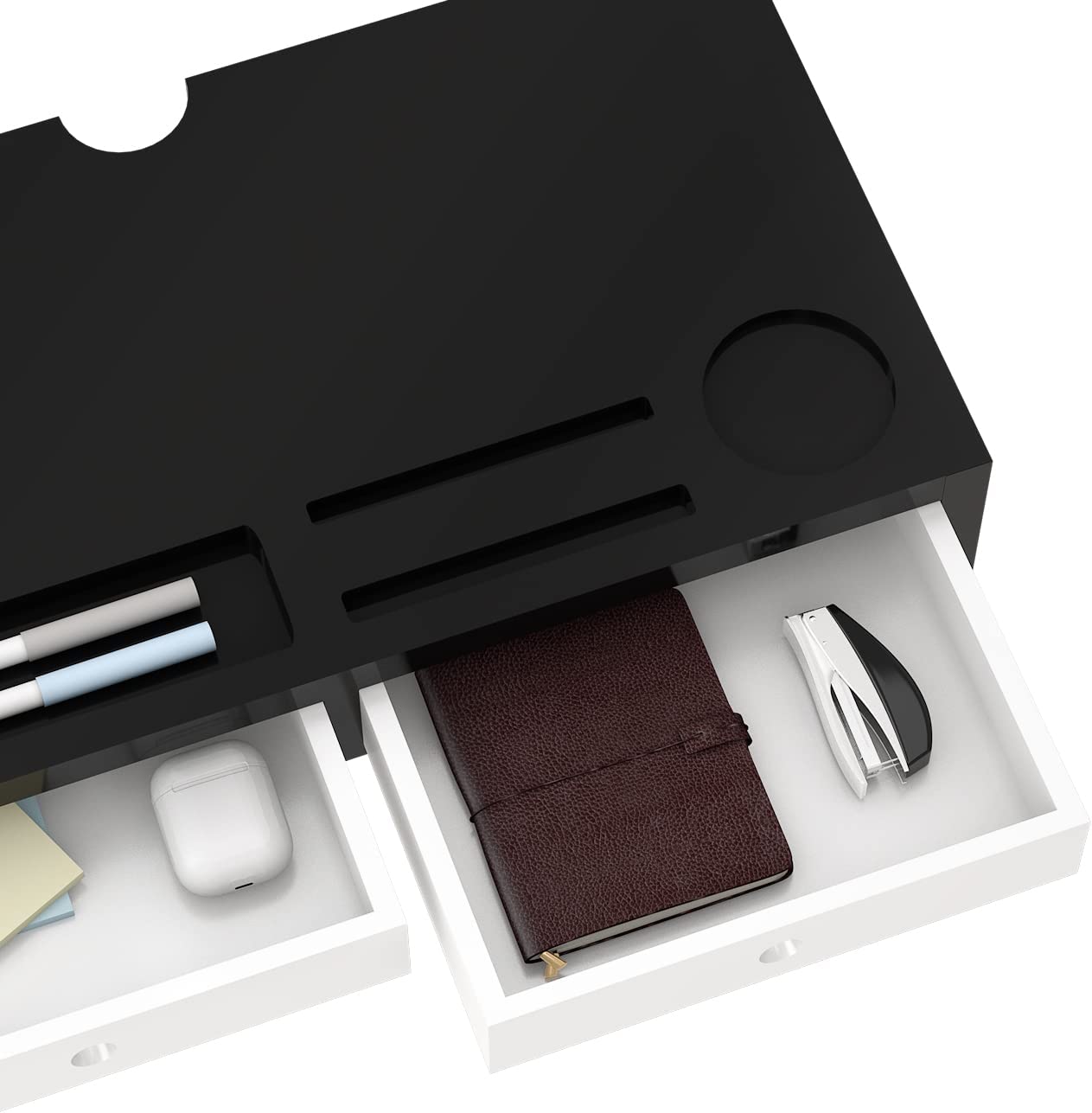 Desk Organizer with Monitor Stand and Drawers (Black, White)