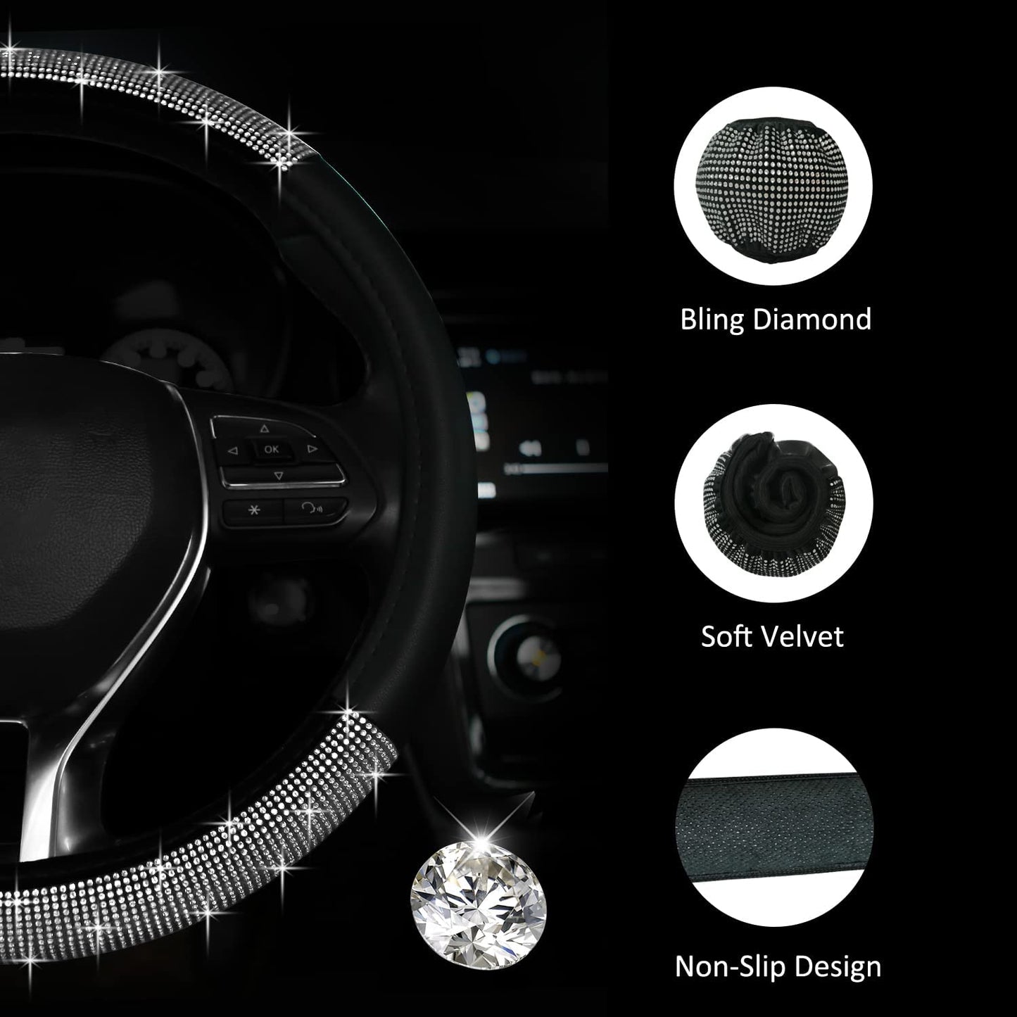 Diamond Car Steering Wheel Cover Universal (Color: White)