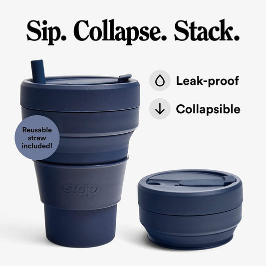 Collapsible silicone cup with straw, Color: Denim, 24 oz