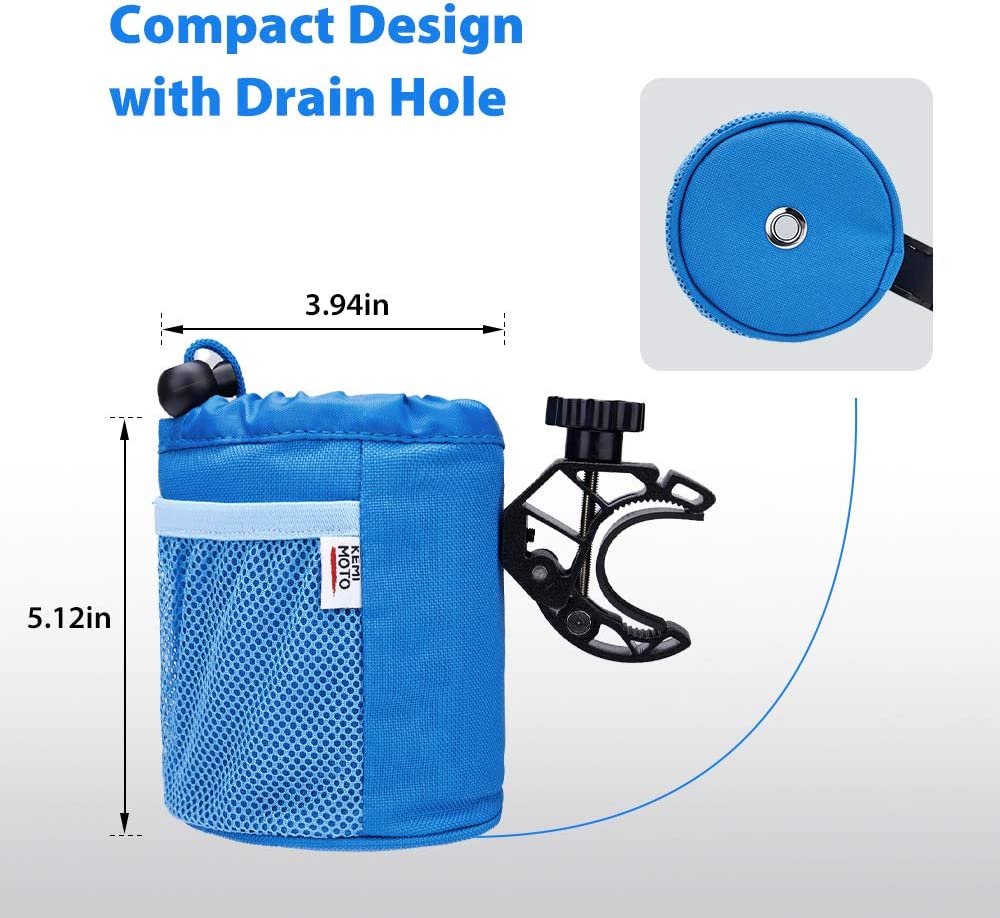 Motorcycle cup holder with drain and crocodile clamp, blue