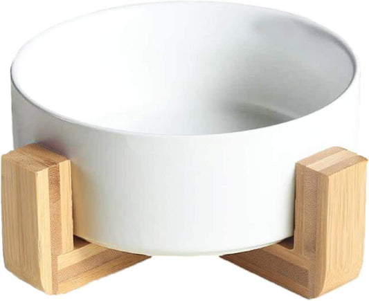 Round Ceramic Pet Bowl with Wood Stand, 28 oz, (Color: White)