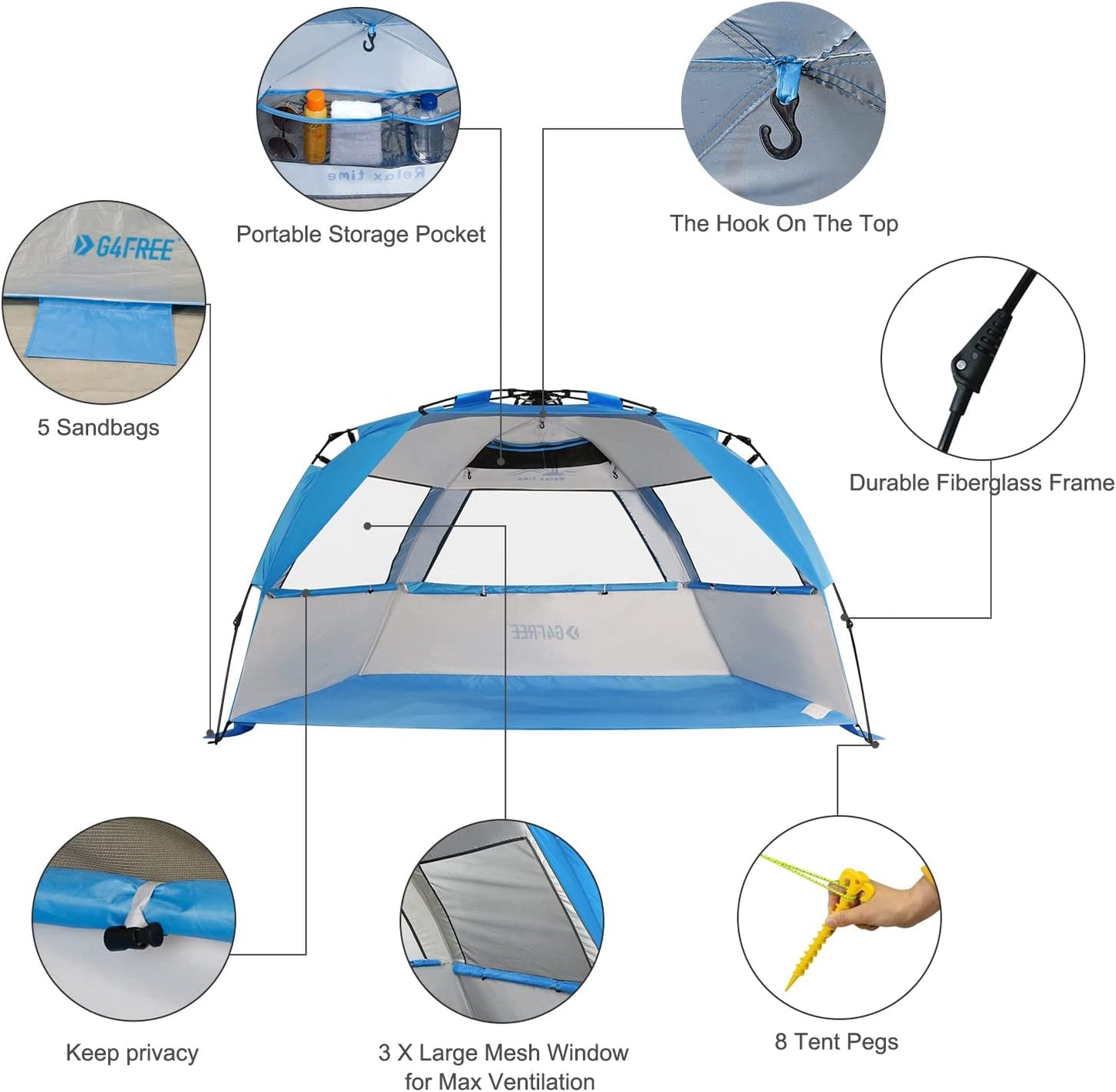 Easy set up beach tent for 3-4 people, Blue