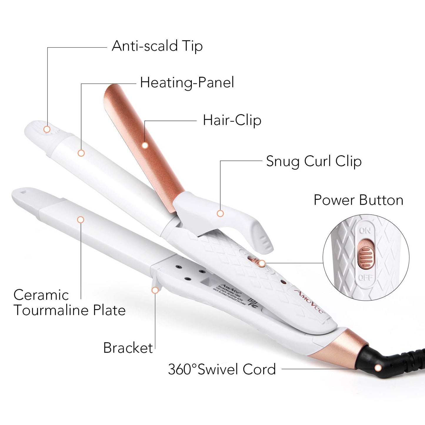 2-In-1 mini hair straightener, with carrying bag, white and gold