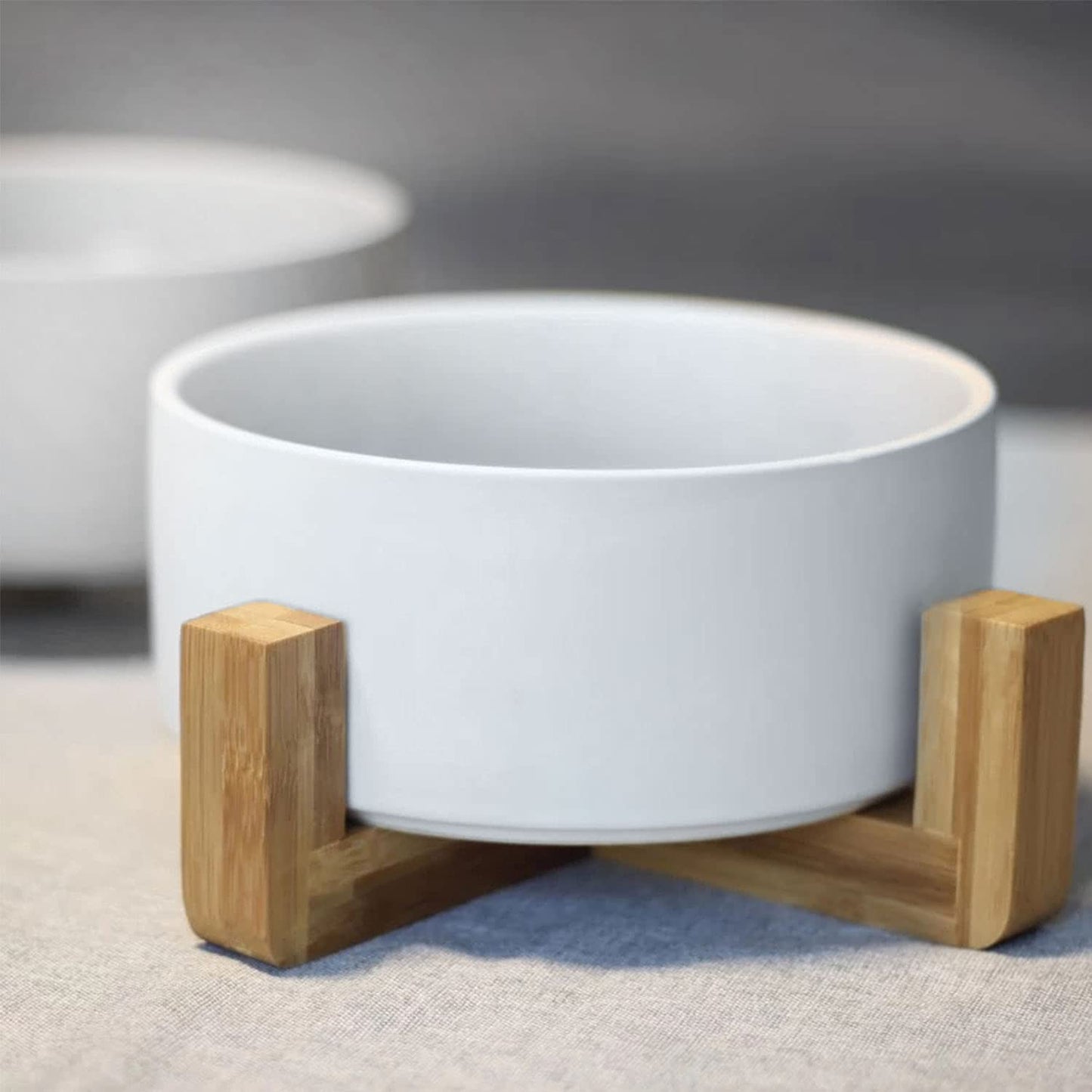 400ml*2 white ceramic pet bowl set with wooden stand