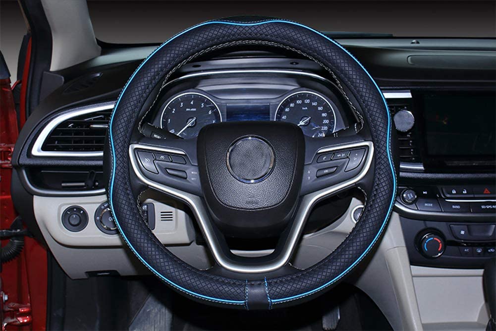 Microfiber Leather Medium Car Steering Wheel Cover (Black Blue)