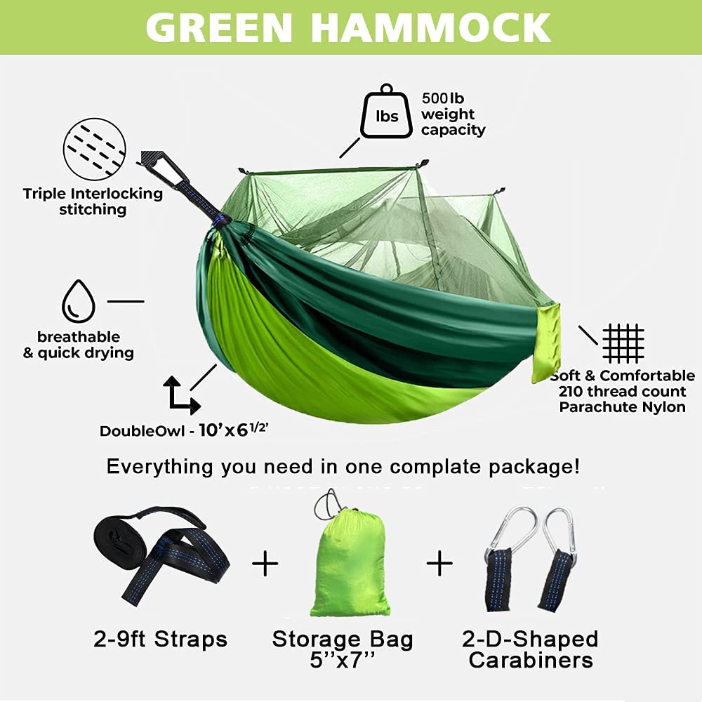 10ft Camping Hammock with Mosquito Net and Straps, (Green)