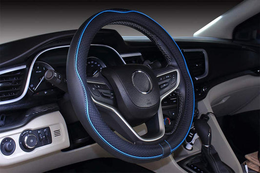 Microfiber Leather Medium Car Steering Wheel Cover (Black Blue)