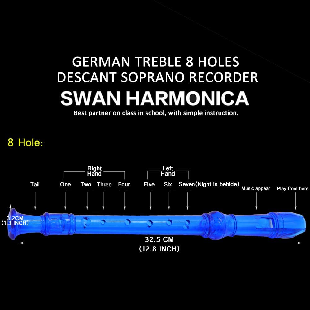 8 Hole Soprano Music Flute with Cleaning Rod, (Transparent Blue)