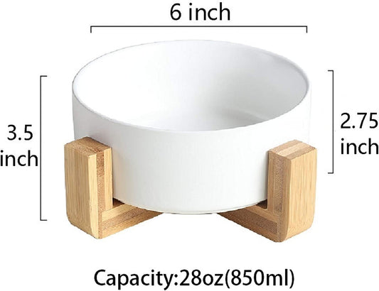 Round Ceramic Pet Bowl with Wood Stand, 28 oz, (Color: White)