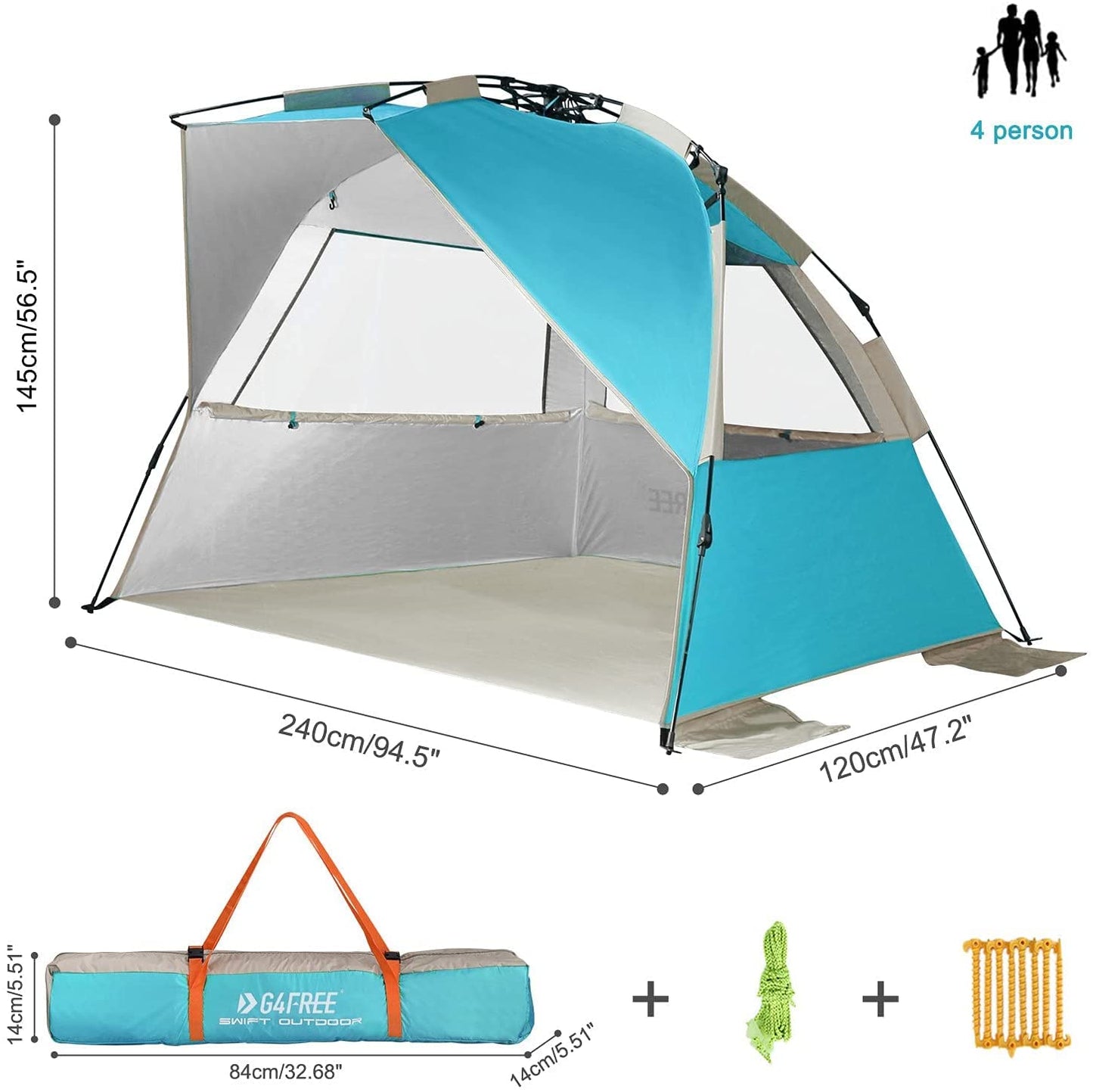 Easy set up beach tent for 3-4 people, Lake Blue