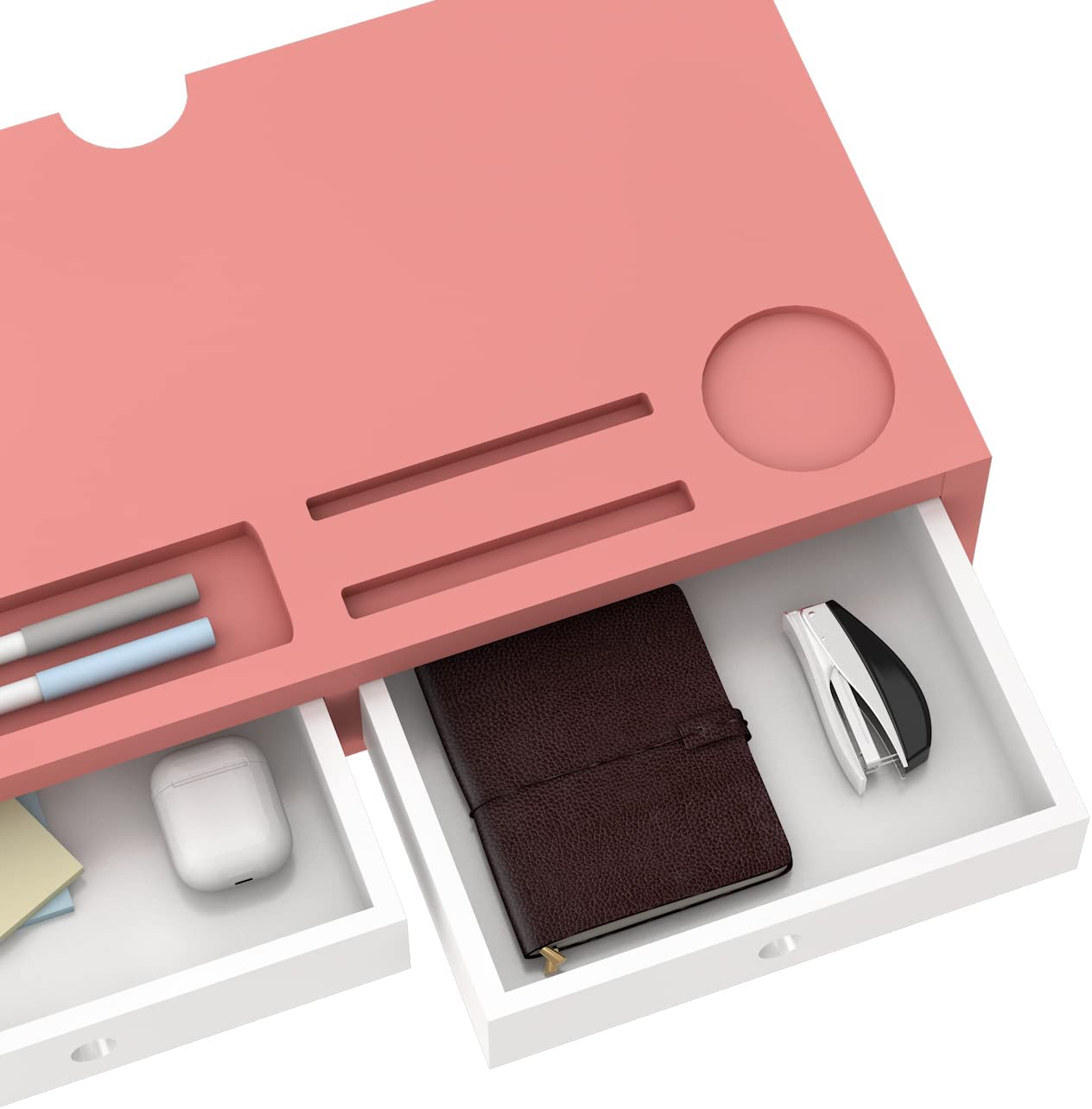 Desk Organizer with Monitor Stand and Drawers (Pink, White)