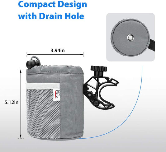 Motorcycle cup holder with drain and crocodile clamp, gray