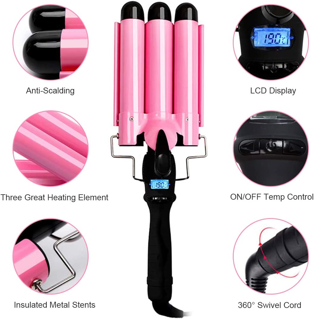 3 Barrel Ceramic Wand Hair Curler, Pink