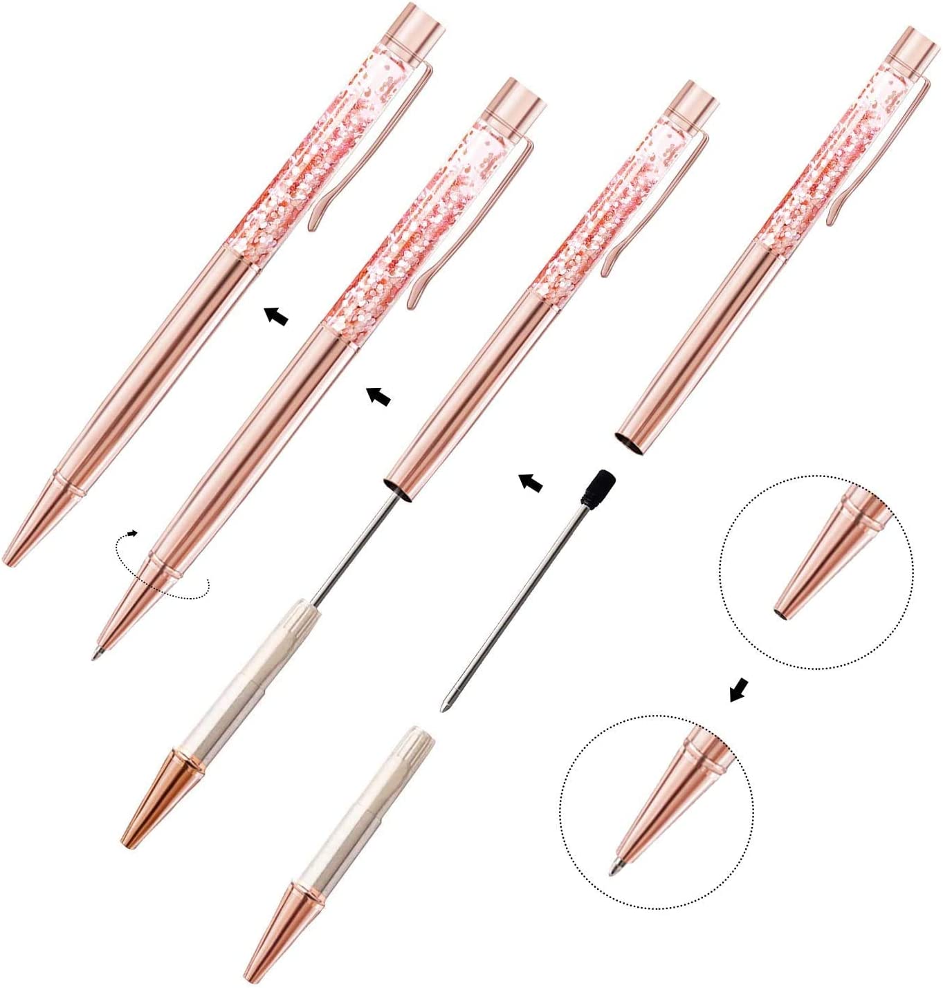 10 rose gold metal ballpoint pens with refills, black ink