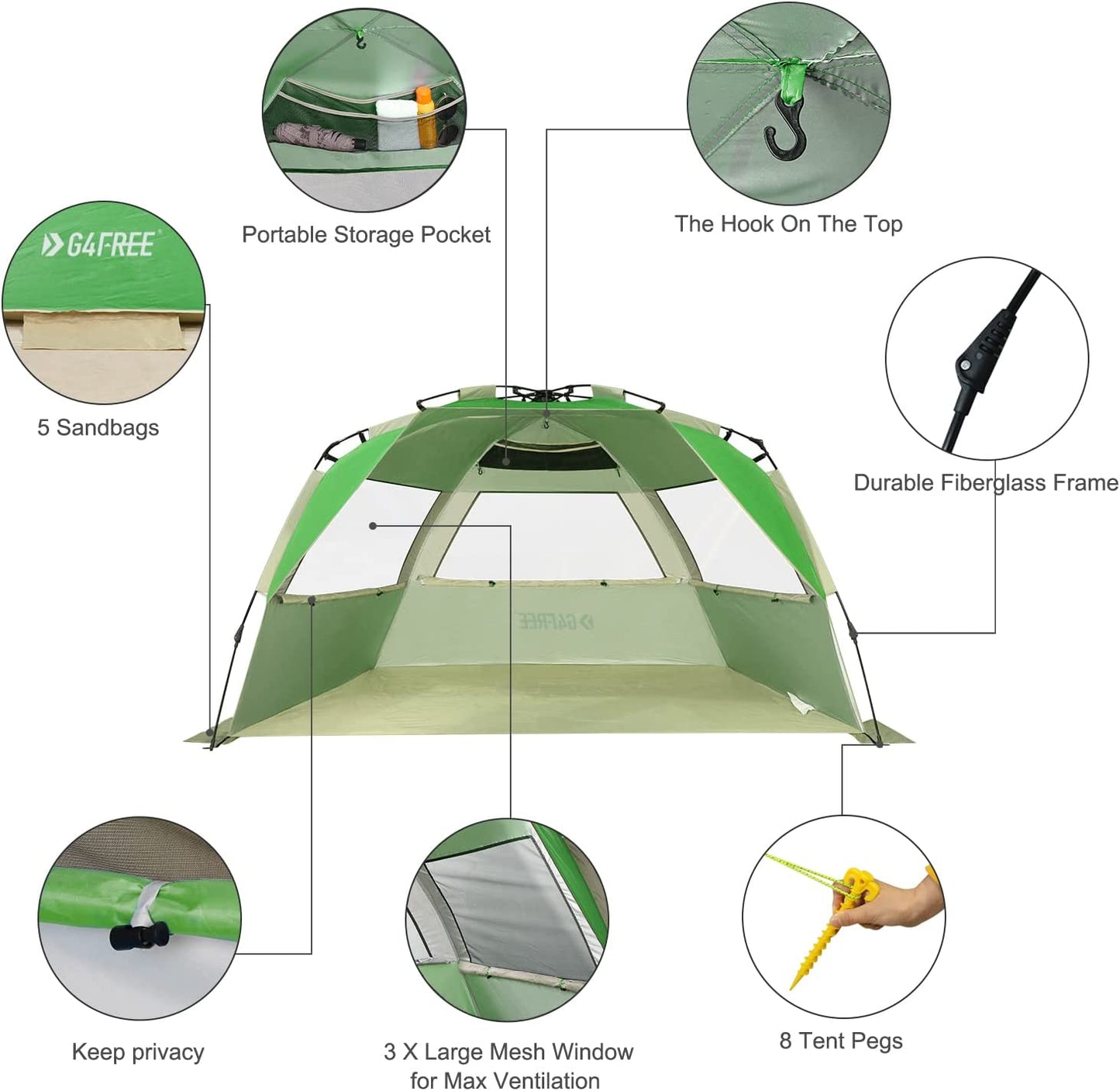 Easy set up beach tent for 3-4 people, Green