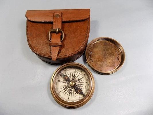 Vintage Style Brass Pocket Compass with Leather Case