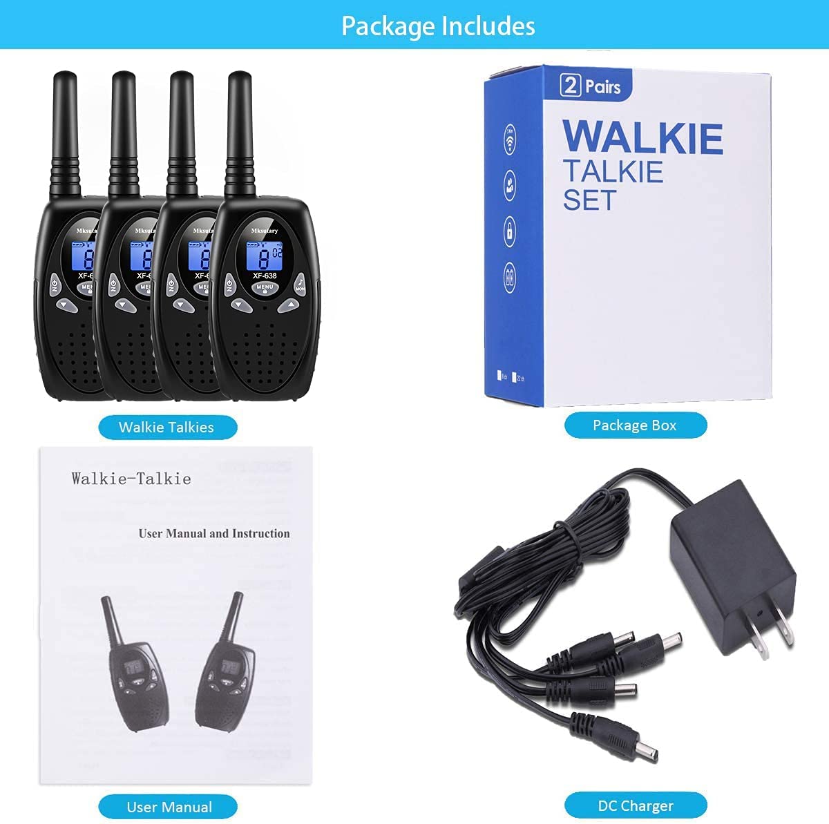 Walkie Talkies, Pack of 4,  22 Channels, Black