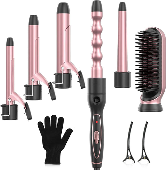 Curling iron set, 6 in 1 with hair straightening brush, Rose Gold