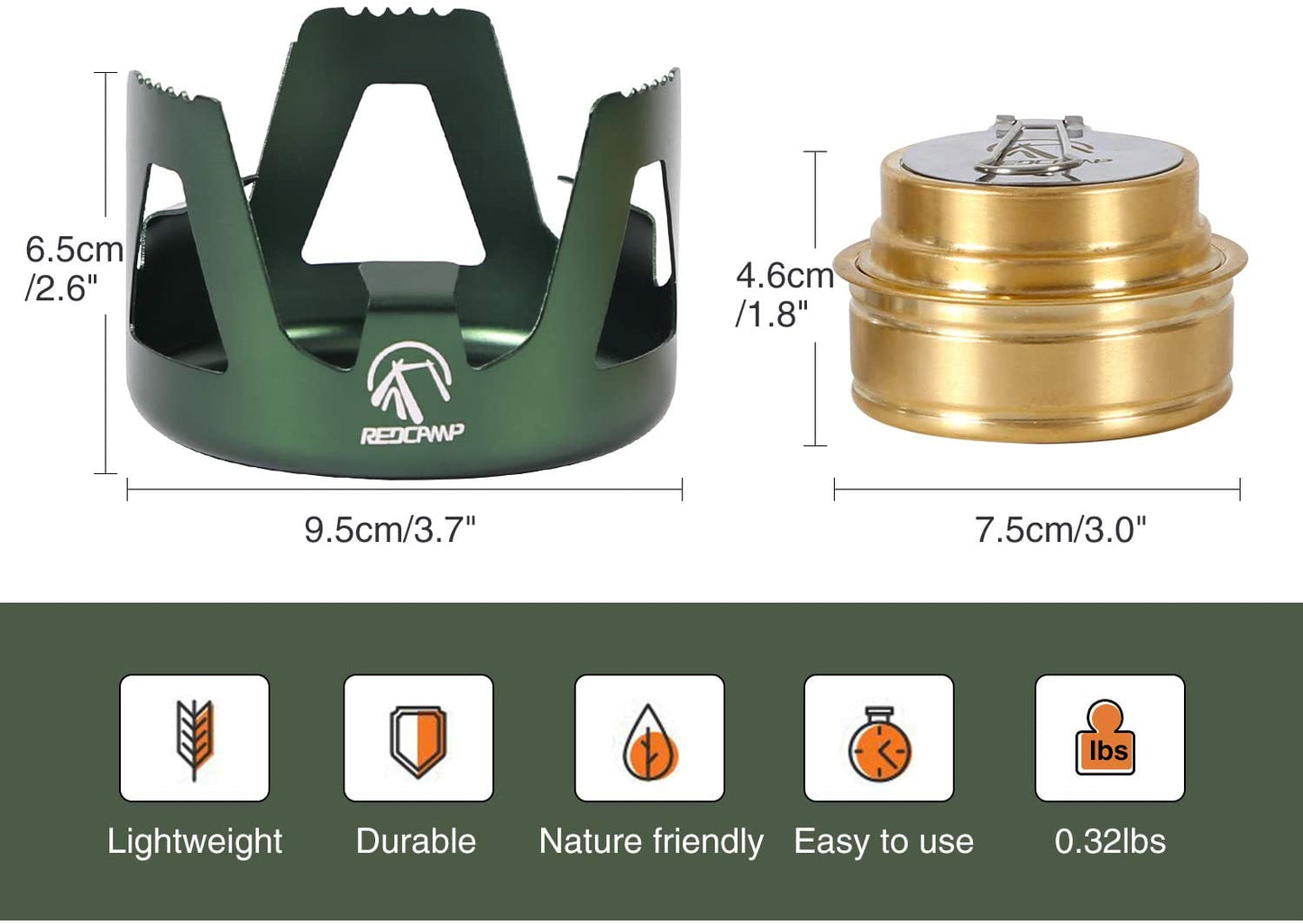 Light alcohol burner made of brass with aluminum support, (green)